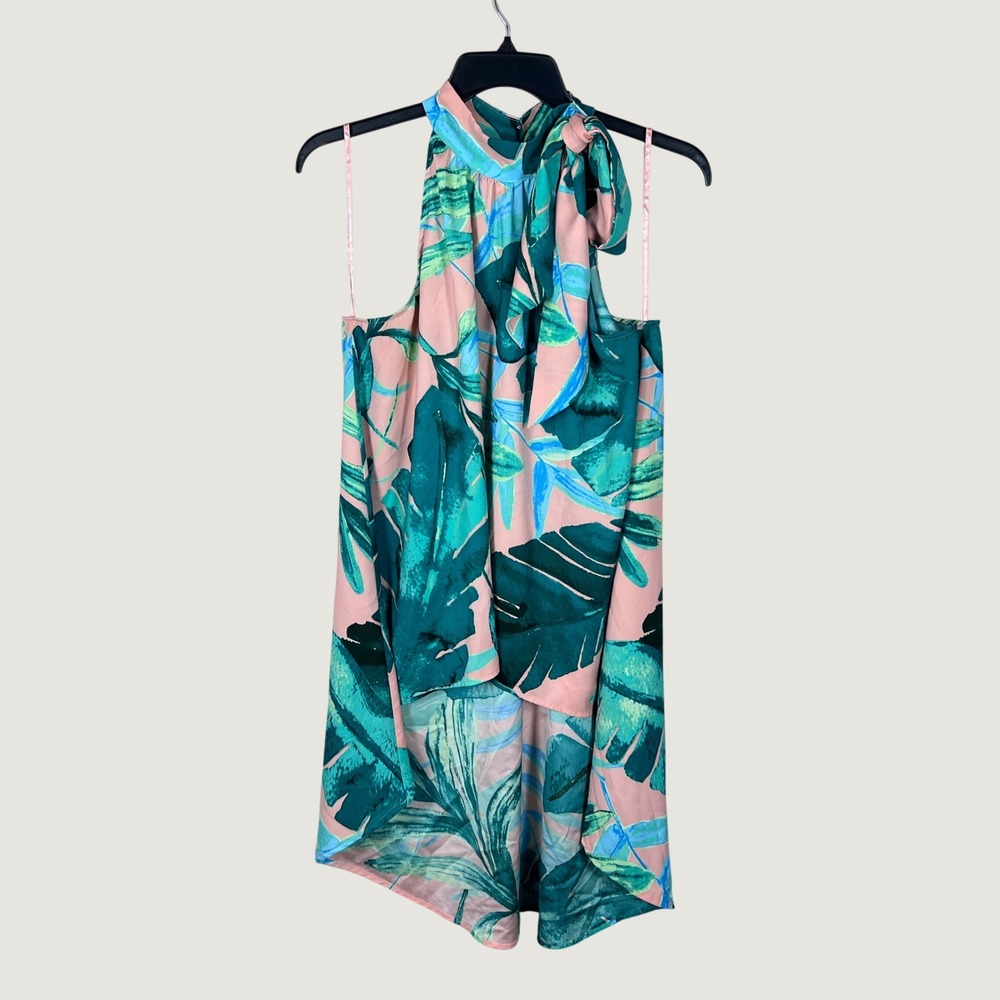 7th Avenue Design Top Womens XL Pink Green Tropical Halter Tie Neck Blouse Tunic